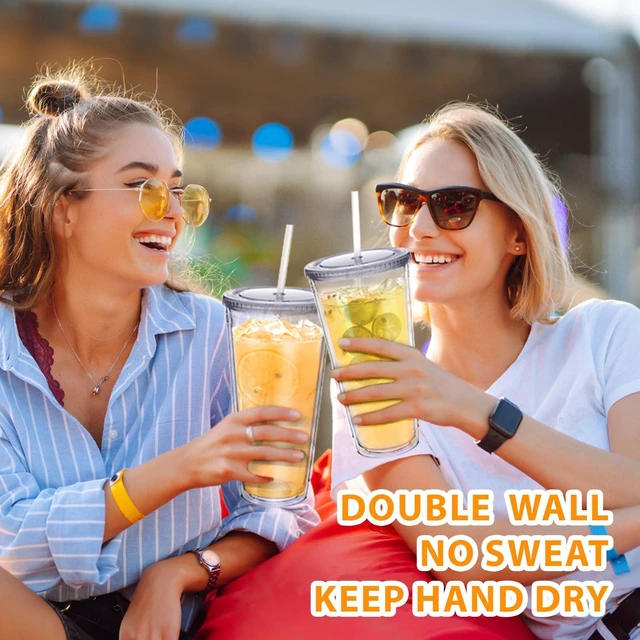 Alt view image 6 of 7 - Clear Double Wall Plastic Tumbler with Lid and Straw 32 oz, 2 Pack | Wide Mouth BPA Free Large Clear Insulated Reusable Acrylic Iced Coffee To Go Cup for Loaded Tea, Water, Fit in Cupholder
