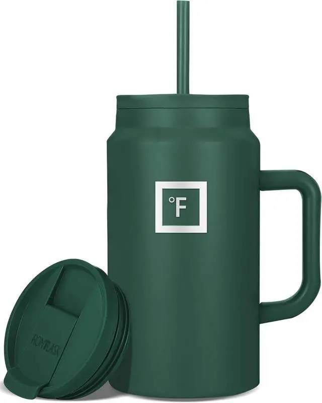 Main image of Co-Pilot Insulated Mug w/Straw & Flip Cap Lids - Cup Holder Bottle for Hot, Cold Drink - Leak-Proof - Water, Coffee Portable Travel Mug - Dark Pine, 50 Oz