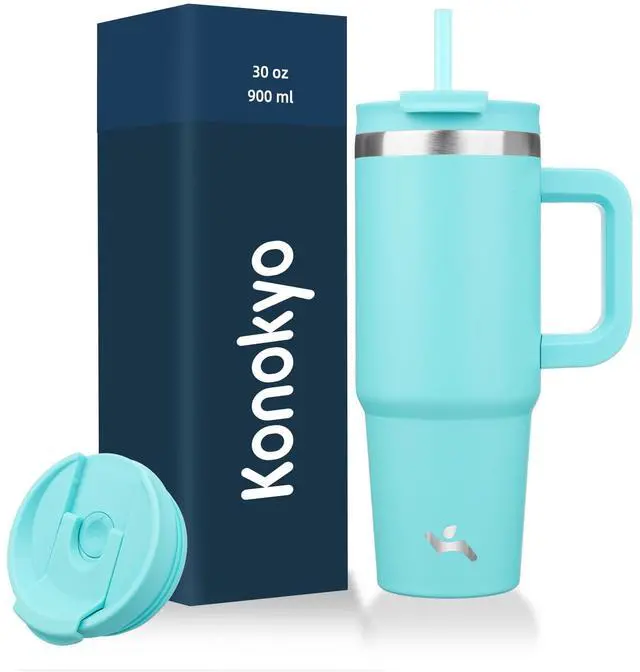 Main image of 30 oz Insulated Tumbler Water Bottle with Handle, Straw Lid | BPA-free and dishwasher safe; made for gym, travel, coffee and gifting, 2 straws, cup holder friendly,Turquoise