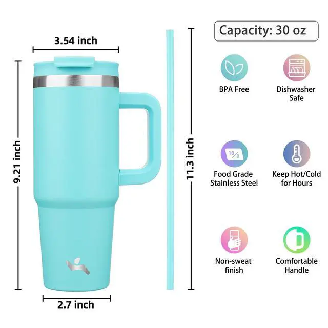 Alt view image 4 of 7 - 30 oz Insulated Tumbler Water Bottle with Handle, Straw Lid | BPA-free and dishwasher safe; made for gym, travel, coffee and gifting, 2 straws, cup holder friendly,Turquoise
