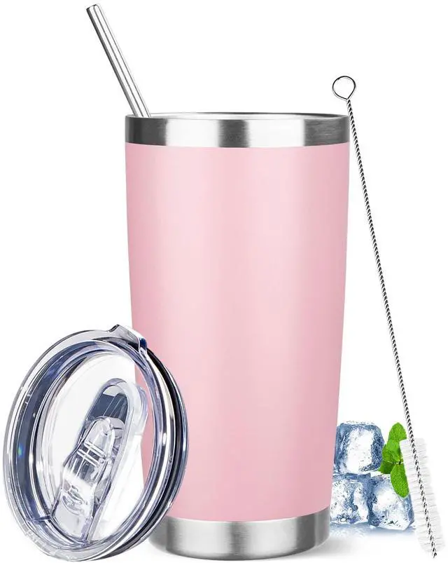 Main image of 20 oz Tumbler with Lids and Straws, Stainless Steel Insulated Travel Coffee Mug, Double Wall Vacuum Insulated Tumblers, Powder Coated Coffee Tumbler for Cold & Hot Drinks (Pink)