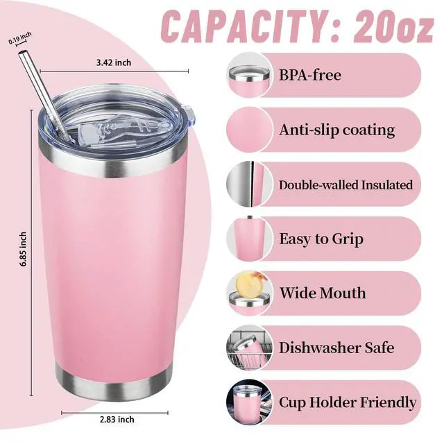 Alt view image 2 of 7 - 20 oz Tumbler with Lids and Straws, Stainless Steel Insulated Travel Coffee Mug, Double Wall Vacuum Insulated Tumblers, Powder Coated Coffee Tumbler for Cold & Hot Drinks (Pink)