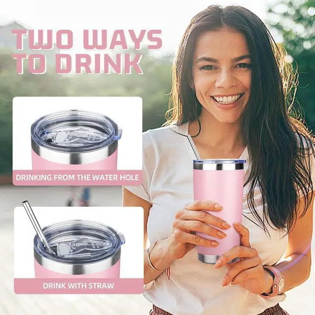Alt view image 4 of 7 - 20 oz Tumbler with Lids and Straws, Stainless Steel Insulated Travel Coffee Mug, Double Wall Vacuum Insulated Tumblers, Powder Coated Coffee Tumbler for Cold & Hot Drinks (Pink)