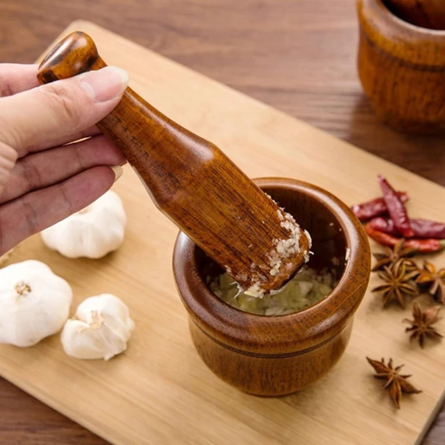 Alt view image 2 of 7 - Wooden Mortar and Pestle Set, Traditional Spice Grinder Manual Garlic Masher Pepper Press Ginger Crusher Herb Spices Grinder Set Kitchen Gadgets
