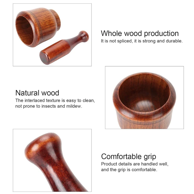 Alt view image 3 of 7 - Wooden Mortar and Pestle Set, Traditional Spice Grinder Manual Garlic Masher Pepper Press Ginger Crusher Herb Spices Grinder Set Kitchen Gadgets