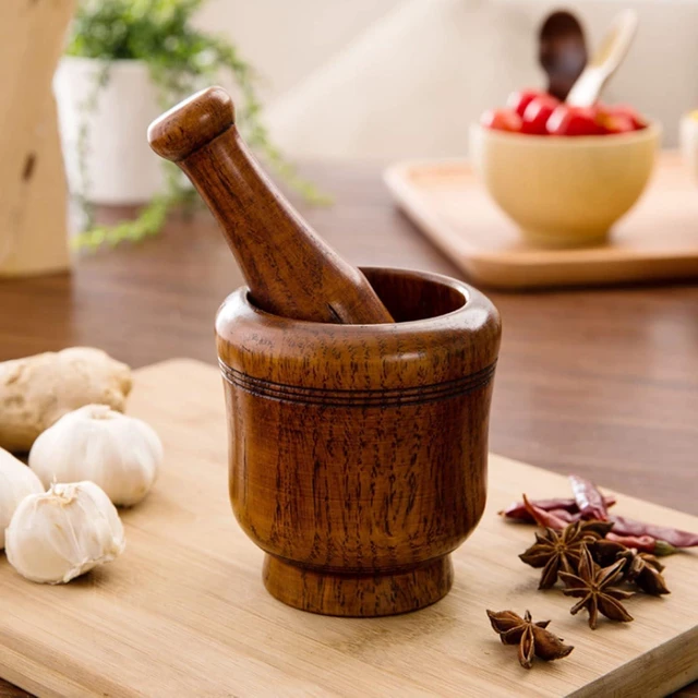 Alt view image 5 of 7 - Wooden Mortar and Pestle Set, Traditional Spice Grinder Manual Garlic Masher Pepper Press Ginger Crusher Herb Spices Grinder Set Kitchen Gadgets