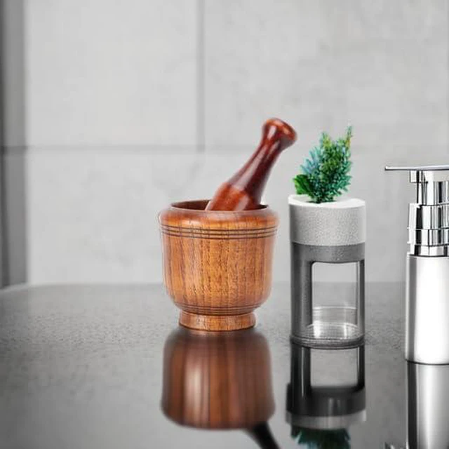 Alt view image 6 of 7 - Wooden Mortar and Pestle Set, Traditional Spice Grinder Manual Garlic Masher Pepper Press Ginger Crusher Herb Spices Grinder Set Kitchen Gadgets