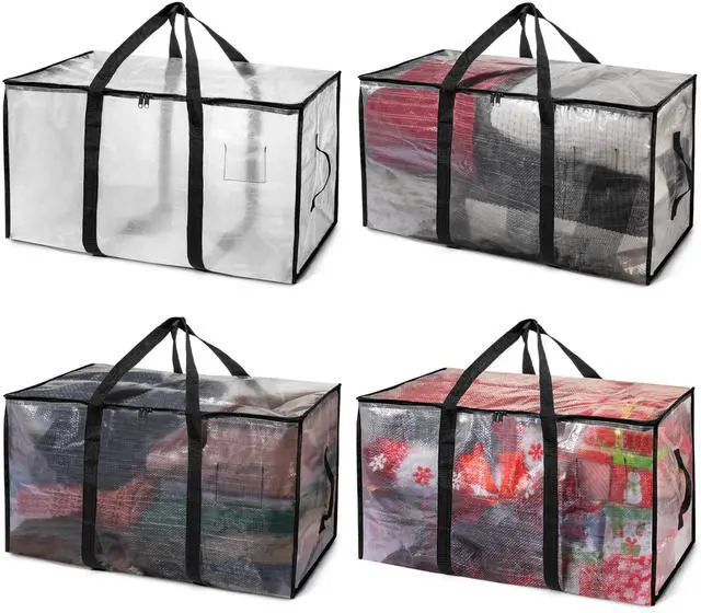 Main image of Heavy Duty Moving Bags or Storage Bins with Lids, Clear, 4 Pack | Heavy-duty moving bags with backpack straps, zippers, and handles provide durable storage for moving, travel, and closets.