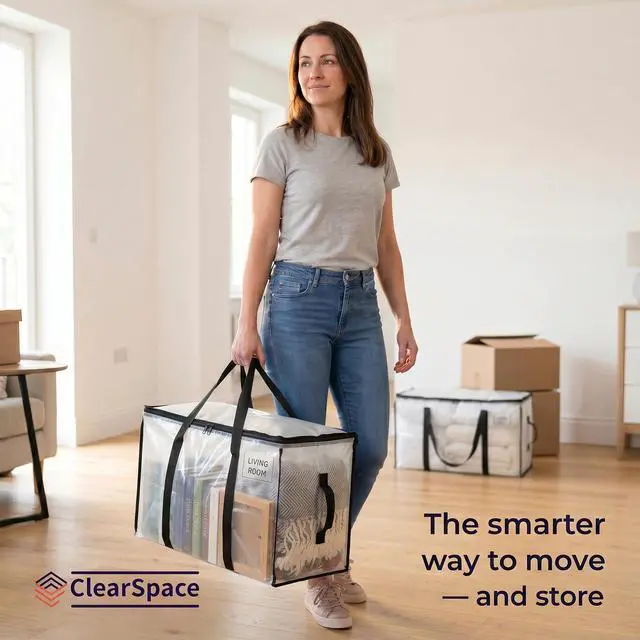 Alt view image 7 of 7 - Heavy Duty Moving Bags or Storage Bins with Lids, Clear, 4 Pack | Heavy-duty moving bags with backpack straps, zippers, and handles provide durable storage for moving, travel, and closets.