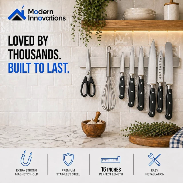 Alt view image 5 of 7 - 16 Inch Stainless Steel Magnetic Knife Bar with Multi-Purpose Functionality as a Knife Holder, Knife Strip, Magnetic Tool Organizer, Art Supply Organizer & Home Organizer