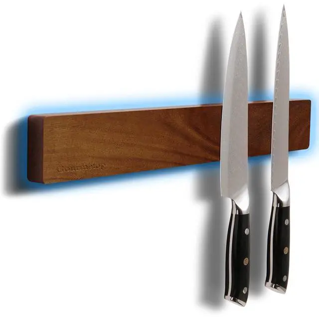 Main image of Knife Magnetic Strip 16, Acacia Wood Knife Holder for Wall Moun | No Drill for Fridge, Dual-Row Magnet Hold 9 Knives & Heavy Cleaver, 3M Tape & Screw Mount, Kitchen Knife & Utensil Organizer