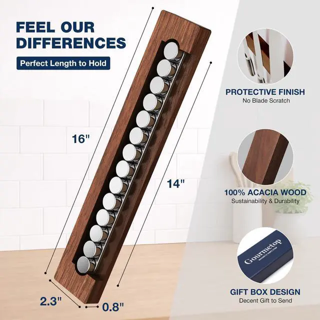 Alt view image 3 of 6 - Knife Magnetic Strip 16, Acacia Wood Knife Holder for Wall Moun | No Drill for Fridge, Dual-Row Magnet Hold 9 Knives & Heavy Cleaver, 3M Tape & Screw Mount, Kitchen Knife & Utensil Organizer