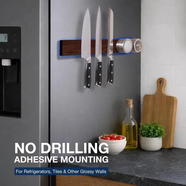 Alt view image 4 of 6 - Knife Magnetic Strip 16, Acacia Wood Knife Holder for Wall Moun | No Drill for Fridge, Dual-Row Magnet Hold 9 Knives & Heavy Cleaver, 3M Tape & Screw Mount, Kitchen Knife & Utensil Organizer