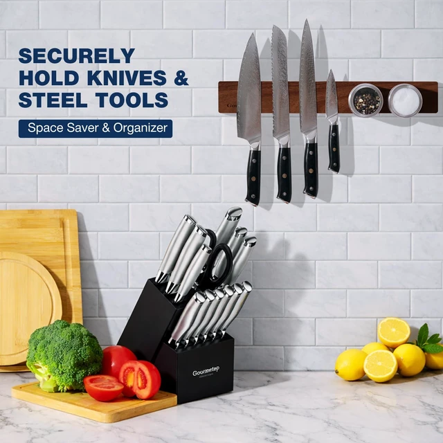 Alt view image 5 of 6 - Knife Magnetic Strip 16, Acacia Wood Knife Holder for Wall Moun | No Drill for Fridge, Dual-Row Magnet Hold 9 Knives & Heavy Cleaver, 3M Tape & Screw Mount, Kitchen Knife & Utensil Organizer