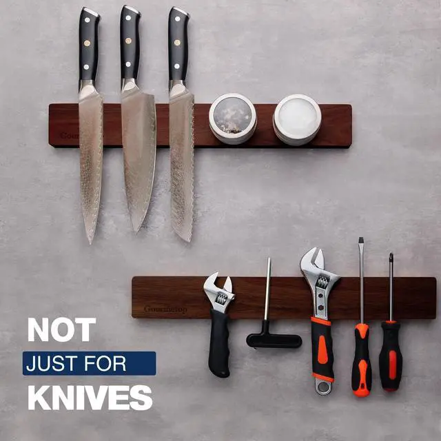 Alt view image 6 of 6 - Knife Magnetic Strip 16, Acacia Wood Knife Holder for Wall Moun | No Drill for Fridge, Dual-Row Magnet Hold 9 Knives & Heavy Cleaver, 3M Tape & Screw Mount, Kitchen Knife & Utensil Organizer