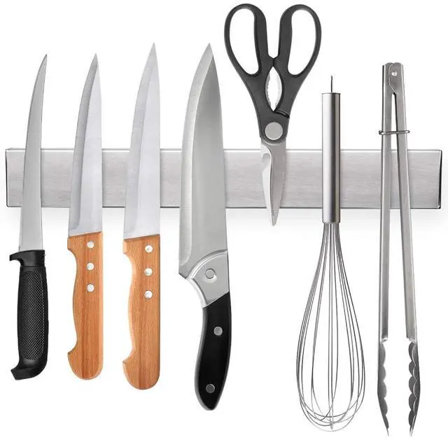 Main image of 12 Inch Magnetic Knife Holder for Wall, Stainless Steel Knife Strip | No-drill magnetic knife strip, wall mounted space-saving organizer for kitchen knives, utensils and small tools