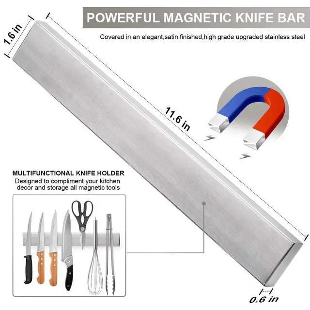 Alt view image 2 of 6 - 12 Inch Magnetic Knife Holder for Wall, Stainless Steel Knife Strip | No-drill magnetic knife strip, wall mounted space-saving organizer for kitchen knives, utensils and small tools