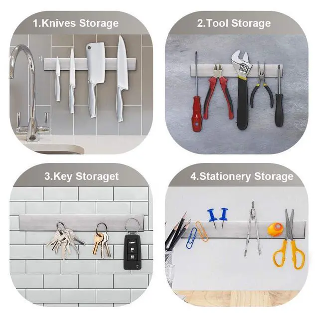 Alt view image 3 of 6 - 12 Inch Magnetic Knife Holder for Wall, Stainless Steel Knife Strip | No-drill magnetic knife strip, wall mounted space-saving organizer for kitchen knives, utensils and small tools