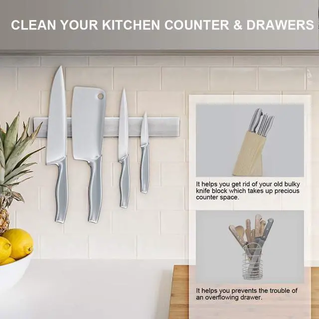 Alt view image 4 of 6 - 12 Inch Magnetic Knife Holder for Wall, Stainless Steel Knife Strip | No-drill magnetic knife strip, wall mounted space-saving organizer for kitchen knives, utensils and small tools