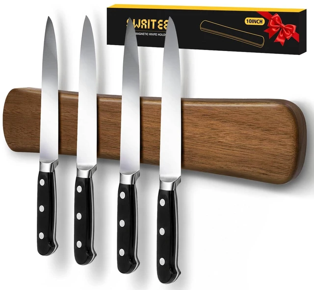 Main image of Magnetic Knife Holder, 10 Inch Acacia Wood Knife Strip for Wall or Fridge | Fridge Magnetic or Screw-Mounted, Strong Magnet Secures Knives, Space-Saving, Kitchen Knife Storage, Housewarming Gift