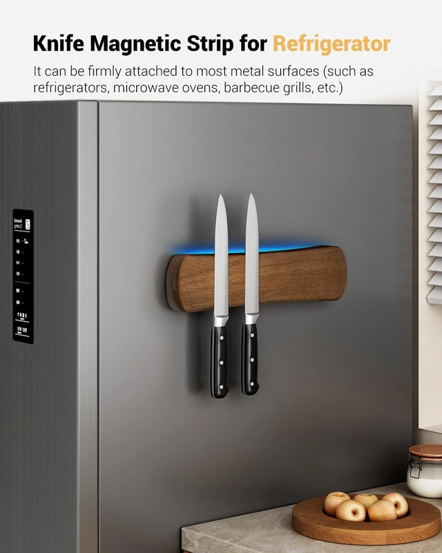 Alt view image 5 of 7 - Magnetic Knife Holder, 10 Inch Acacia Wood Knife Strip for Wall or Fridge | Fridge Magnetic or Screw-Mounted, Strong Magnet Secures Knives, Space-Saving, Kitchen Knife Storage, Housewarming Gift