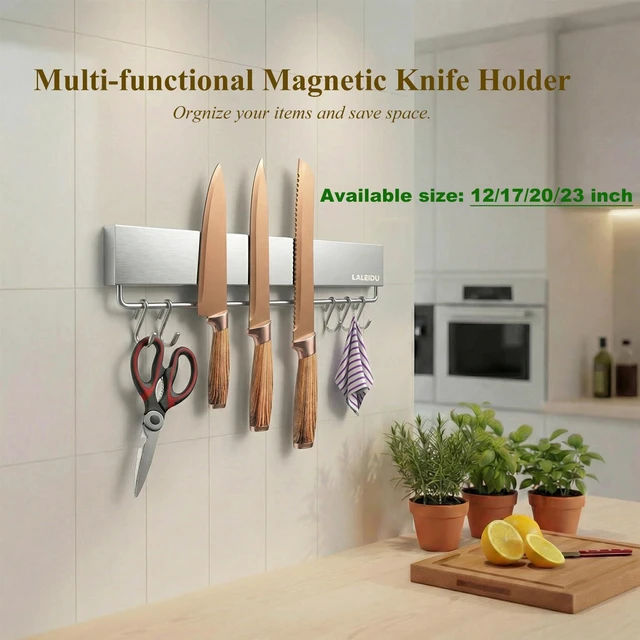 Alt view image 2 of 7 - 12 Inch Magnetic Knife Holder for Wall - Magnetic Knife Strip with Strong Magnets, Stainless Steel Magnetic Knife Bar with 5 Hooks/Adhesive Tape/Screws, Wall Mounted Knife Storage for Kitchen