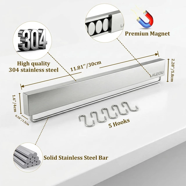 Alt view image 3 of 7 - 12 Inch Magnetic Knife Holder for Wall - Magnetic Knife Strip with Strong Magnets, Stainless Steel Magnetic Knife Bar with 5 Hooks/Adhesive Tape/Screws, Wall Mounted Knife Storage for Kitchen