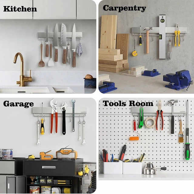 Alt view image 6 of 7 - 12 Inch Magnetic Knife Holder for Wall - Magnetic Knife Strip with Strong Magnets, Stainless Steel Magnetic Knife Bar with 5 Hooks/Adhesive Tape/Screws, Wall Mounted Knife Storage for Kitchen