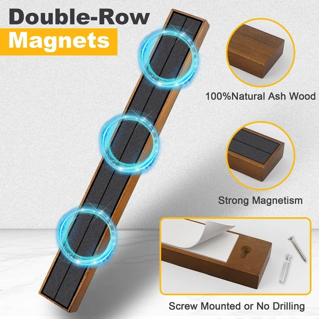 Alt view image 3 of 6 - Magnetic Knife Holder Wood, 10" Knife Magnetic Strip No Drill Adhesive Knife Magnet Block, Wooden Magnetic Knife Holder for Wall Mount Fridge Refrigerator Kitchen Knife Bar Utensils Tools Organizer