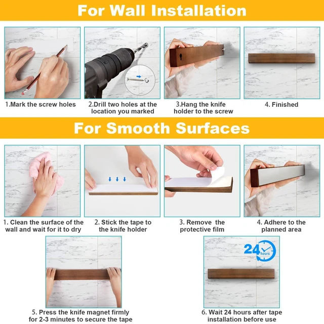 Alt view image 4 of 6 - Magnetic Knife Holder Wood, 10" Knife Magnetic Strip No Drill Adhesive Knife Magnet Block, Wooden Magnetic Knife Holder for Wall Mount Fridge Refrigerator Kitchen Knife Bar Utensils Tools Organizer