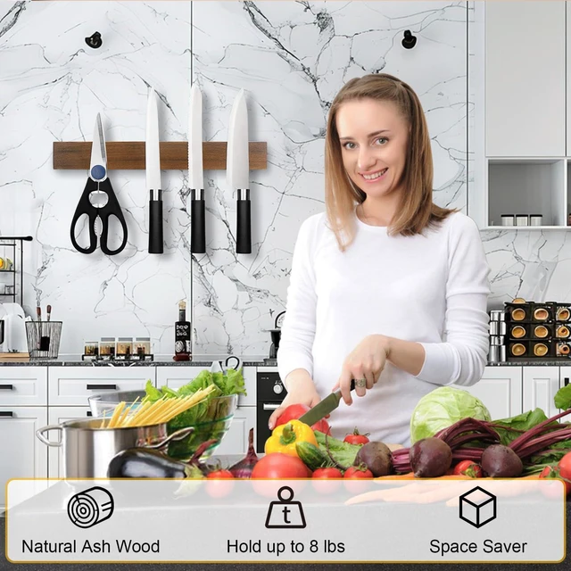 Alt view image 5 of 6 - Magnetic Knife Holder Wood, 10" Knife Magnetic Strip No Drill Adhesive Knife Magnet Block, Wooden Magnetic Knife Holder for Wall Mount Fridge Refrigerator Kitchen Knife Bar Utensils Tools Organizer