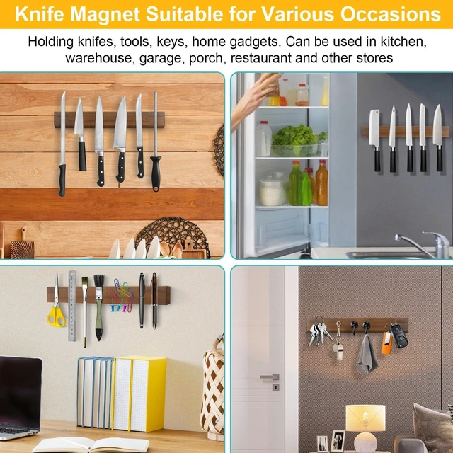 Alt view image 6 of 6 - Magnetic Knife Holder Wood, 10" Knife Magnetic Strip No Drill Adhesive Knife Magnet Block, Wooden Magnetic Knife Holder for Wall Mount Fridge Refrigerator Kitchen Knife Bar Utensils Tools Organizer