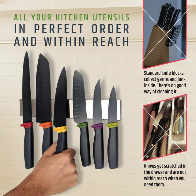 Alt view image 5 of 7 - Premium 10 Inch Stainless Steel Magnetic Knife Holder For Wall - Professional Magnetic Knife Strip - Space-Saving Knife Rack/Knife Bar With Powerful Magnetic Pull Force (Upgraded Version)