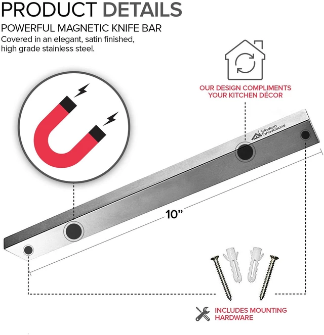 Alt view image 2 of 6 - 10 Inch Stainless Steel Magnetic Knife Bar with Multipurpose Use as Knife Holder, Knife Rack, Knife Strip, Kitchen Utensil Holder, Tool Holder, Art Supply Organizer, Home Organizer