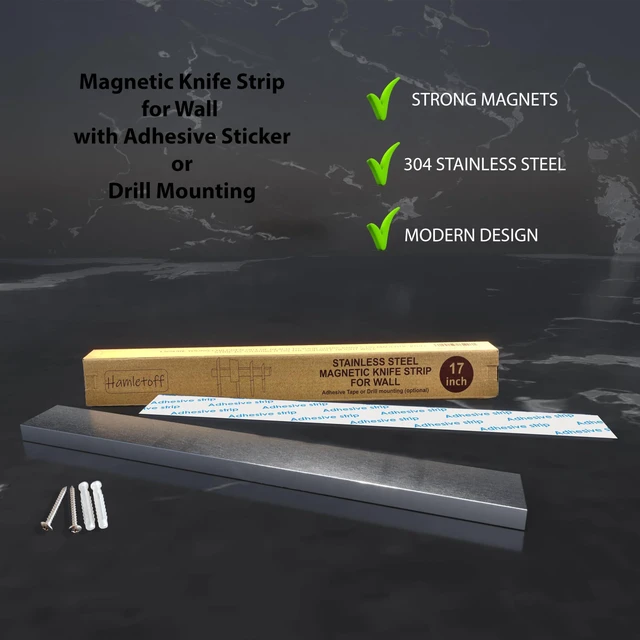 Alt view image 4 of 7 - Premium Magnetic Knife Strip for Wall no Drilling 17 Inch Stainless Steel Magnetic Knife Holder with Strong Adhesive Tape - Kitchen Magnet Knife Bar with Screws (Upgraded Version)