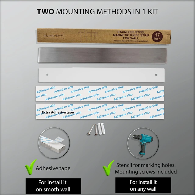 Alt view image 6 of 7 - Premium Magnetic Knife Strip for Wall no Drilling 17 Inch Stainless Steel Magnetic Knife Holder with Strong Adhesive Tape - Kitchen Magnet Knife Bar with Screws (Upgraded Version)