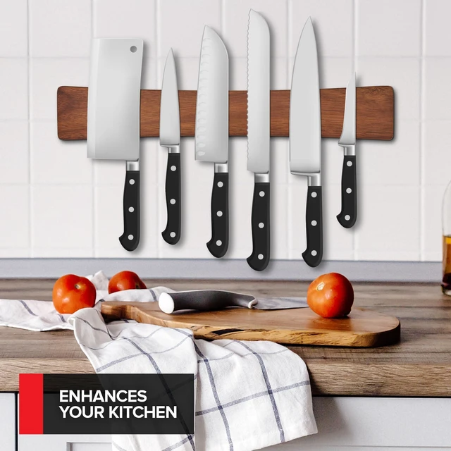 Alt view image 4 of 6 - 16 Inch Acacia Wood Magnetic Knife Holder with Multipurpose Use, Magnetic Knife Holders for Kitchen, Wooden Knife Rack, Magnet Strips for Knives & Metal Utensils, Tool Holder, Art Supply Organizer