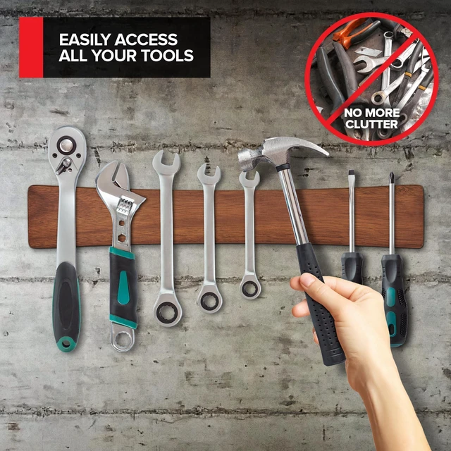 Alt view image 5 of 6 - 16 Inch Acacia Wood Magnetic Knife Holder with Multipurpose Use, Magnetic Knife Holders for Kitchen, Wooden Knife Rack, Magnet Strips for Knives & Metal Utensils, Tool Holder, Art Supply Organizer