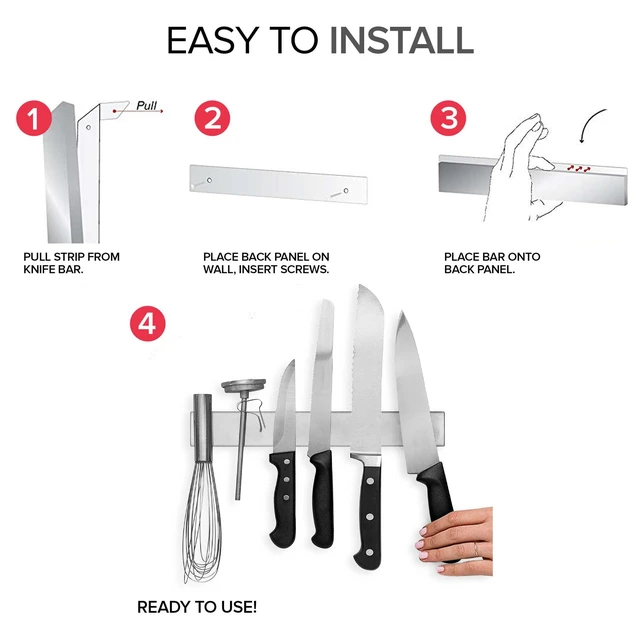 Alt view image 3 of 6 - Magnetic Knife Holder for Wall and Fridge - 12" Knife Magnetic Strip, Magnet Kitchen Knife Holder and Rack, Stainless Steel Magnetic Knife Bar for Kitchen Utensils