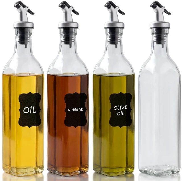 Main image of 4 Pack 17 oz (500ml) Clear Glass Oil & Vinegar Dispenser Bottles, Leakproof Set with 4 Pour Spouts & 4 Labels, Kitchen Tools for Salad, BBQ, Air Fryer Cooking