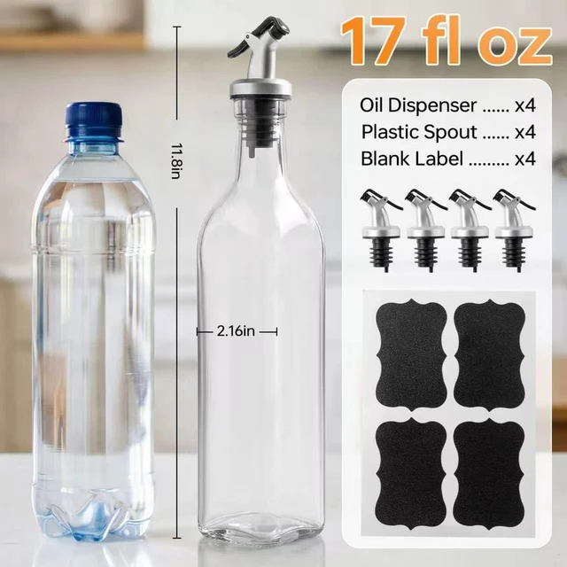 Alt view image 2 of 7 - 4 Pack 17 oz (500ml) Clear Glass Oil & Vinegar Dispenser Bottles, Leakproof Set with 4 Pour Spouts & 4 Labels, Kitchen Tools for Salad, BBQ, Air Fryer Cooking