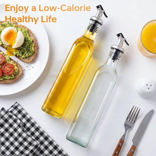 Alt view image 6 of 7 - 4 Pack 17 oz (500ml) Clear Glass Oil & Vinegar Dispenser Bottles, Leakproof Set with 4 Pour Spouts & 4 Labels, Kitchen Tools for Salad, BBQ, Air Fryer Cooking