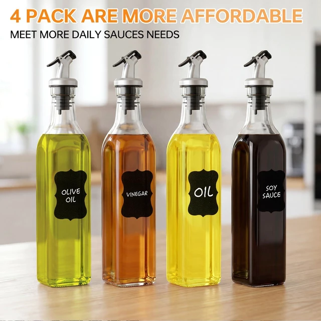 Alt view image 7 of 7 - 4 Pack 17 oz (500ml) Clear Glass Oil & Vinegar Dispenser Bottles, Leakproof Set with 4 Pour Spouts & 4 Labels, Kitchen Tools for Salad, BBQ, Air Fryer Cooking