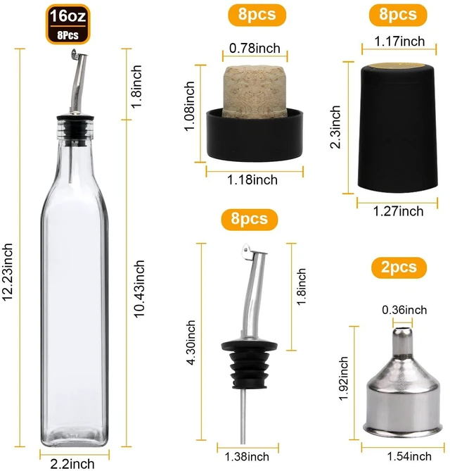 Alt view image 2 of 7 - 8Pcs 17oz Olive Oil Dispenser Bottle, Oil Dispenser for Kitchen | Glass Cooking Oil Dispenser, Vinegar Cruet Bottle with Pourers, Oil and Vinegar Dispenser Set with Pourers, Corks, Caps