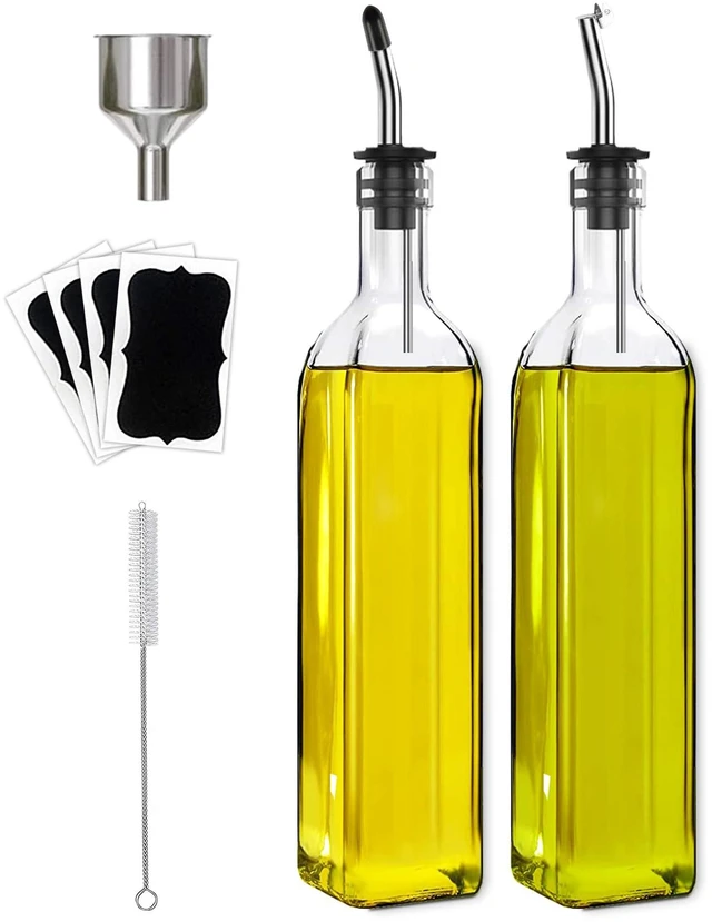 Main image of Olive Oil Dispenser Bottle, 2 Pcs Glass Olive Oil Dispenser and Vinegar Dispenser Set with 2 Stainless Steel Pourers, 4 Labels,1 Brush and 1 Funnel Oil Bottles for Kitchen (500ml)