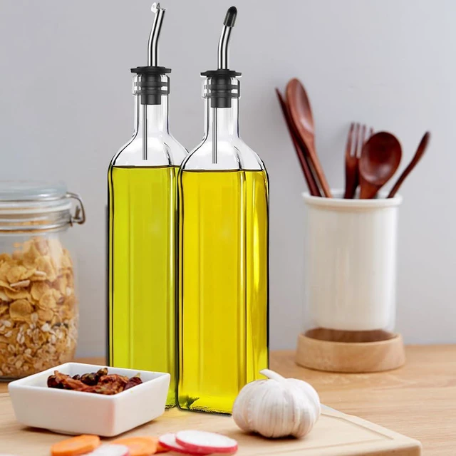 Alt view image 2 of 7 - Olive Oil Dispenser Bottle, 2 Pcs Glass Olive Oil Dispenser and Vinegar Dispenser Set with 2 Stainless Steel Pourers, 4 Labels,1 Brush and 1 Funnel Oil Bottles for Kitchen (500ml)