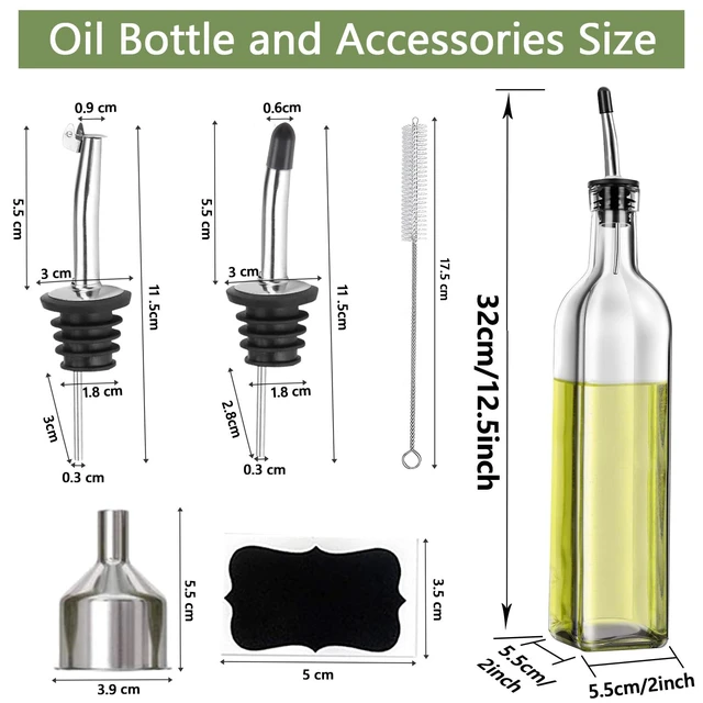 Alt view image 3 of 7 - Olive Oil Dispenser Bottle, 2 Pcs Glass Olive Oil Dispenser and Vinegar Dispenser Set with 2 Stainless Steel Pourers, 4 Labels,1 Brush and 1 Funnel Oil Bottles for Kitchen (500ml)