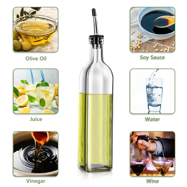 Alt view image 4 of 7 - Olive Oil Dispenser Bottle, 2 Pcs Glass Olive Oil Dispenser and Vinegar Dispenser Set with 2 Stainless Steel Pourers, 4 Labels,1 Brush and 1 Funnel Oil Bottles for Kitchen (500ml)