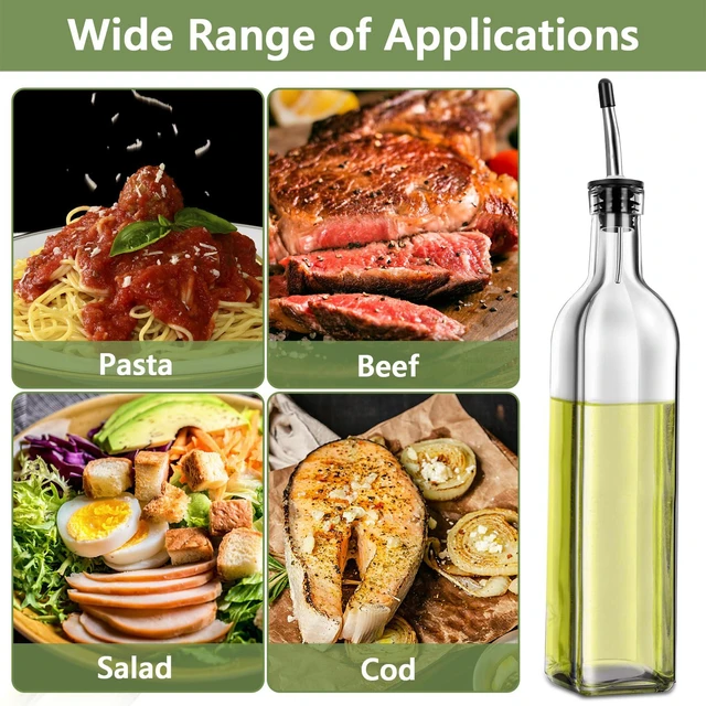 Alt view image 5 of 7 - Olive Oil Dispenser Bottle, 2 Pcs Glass Olive Oil Dispenser and Vinegar Dispenser Set with 2 Stainless Steel Pourers, 4 Labels,1 Brush and 1 Funnel Oil Bottles for Kitchen (500ml)