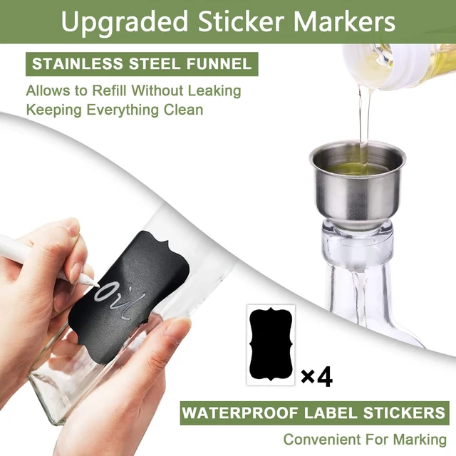 Alt view image 6 of 7 - Olive Oil Dispenser Bottle, 2 Pcs Glass Olive Oil Dispenser and Vinegar Dispenser Set with 2 Stainless Steel Pourers, 4 Labels,1 Brush and 1 Funnel Oil Bottles for Kitchen (500ml)